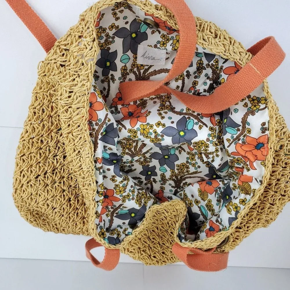 Kirra Paper Straw Tote XLarge‎ Tan Boho Bag Canvas Coral Strap Beach Travel